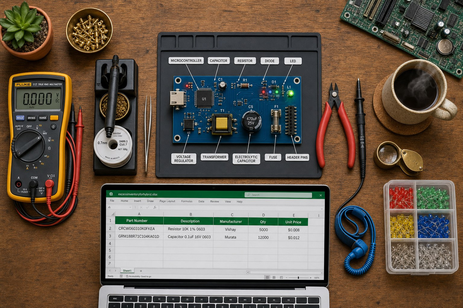 Overhead workbench with labeled PCB showing microcontroller, capacitor, resistor, diode, LED, voltage regulator, transformer, electrolytic capacitor, fuse, and header pins alongside multimeter, soldering iron, tools, and inventory spreadsheet